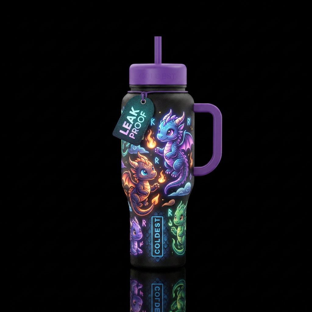 Baby dragon cartoon glowy water bottle design