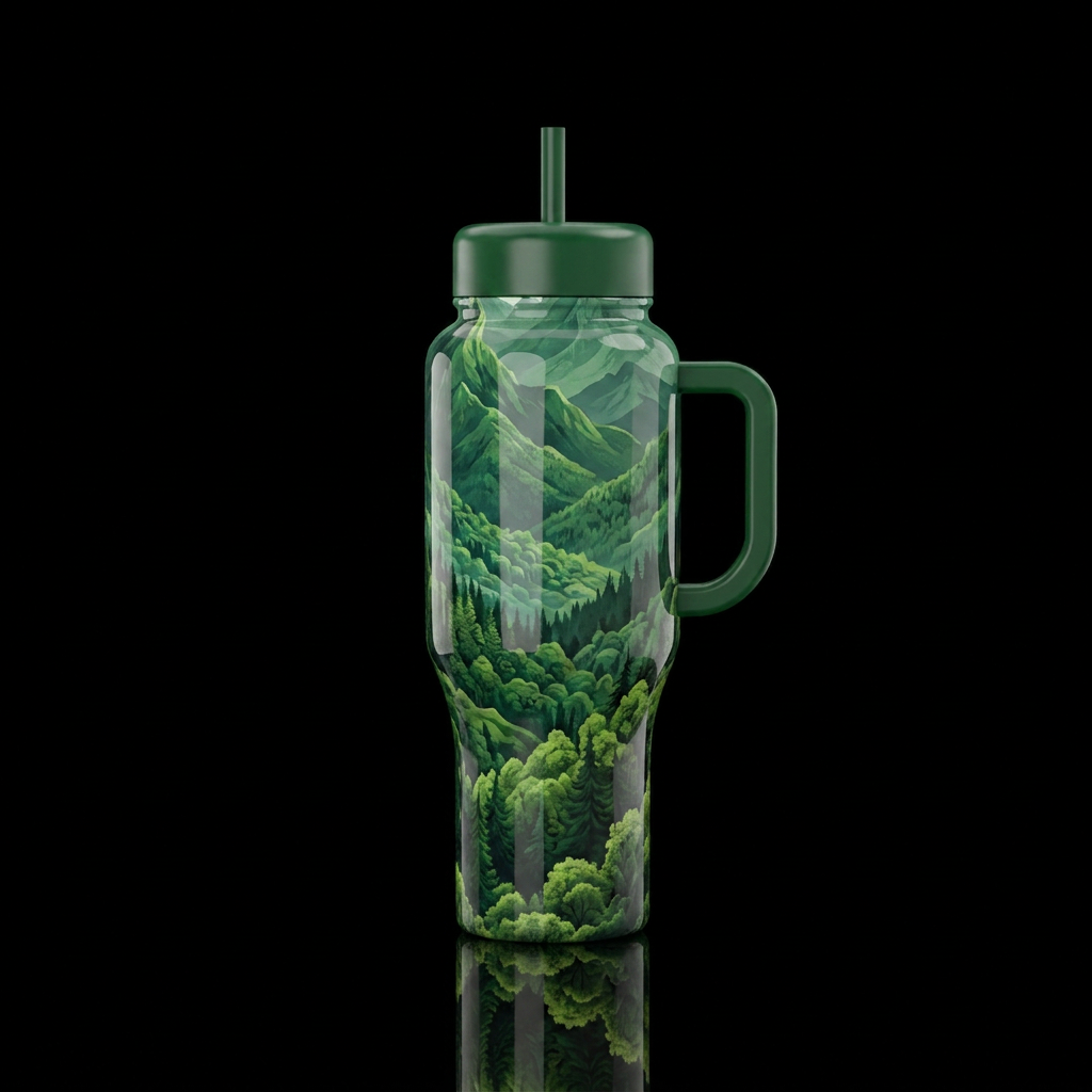 Green forests and mountains water bottle design
