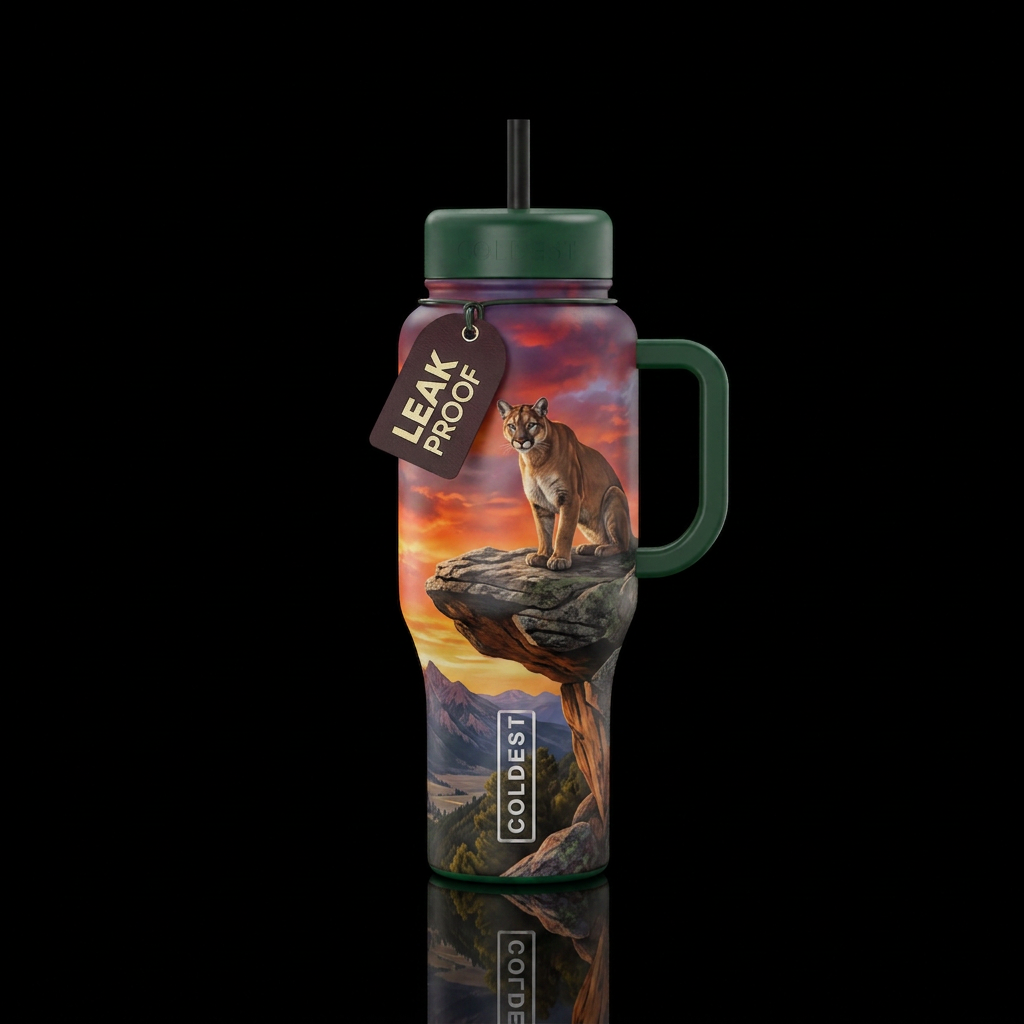 Cougar on rock overhang water bottle design