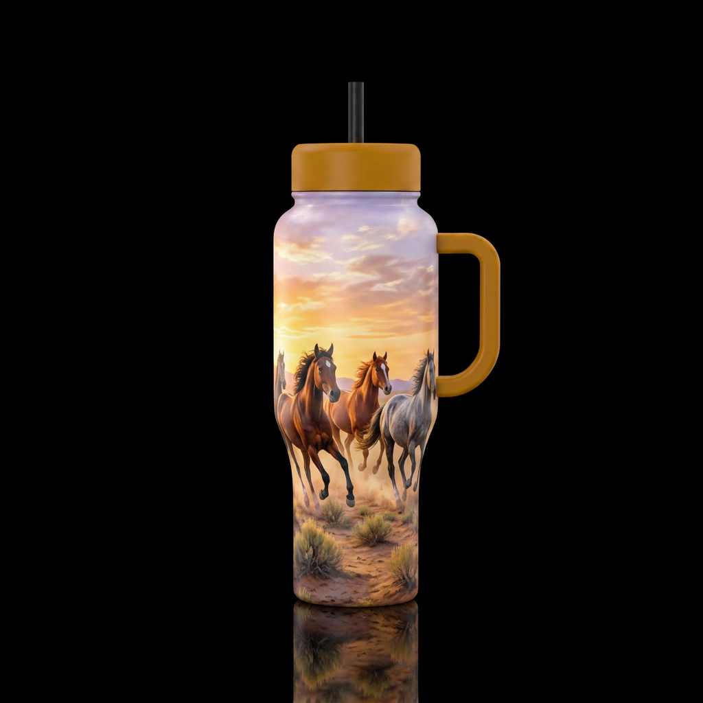 Wild mustangs at dawn water bottle design