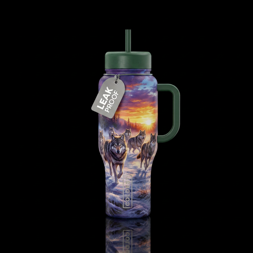 Wild wolves at dawn water bottle design