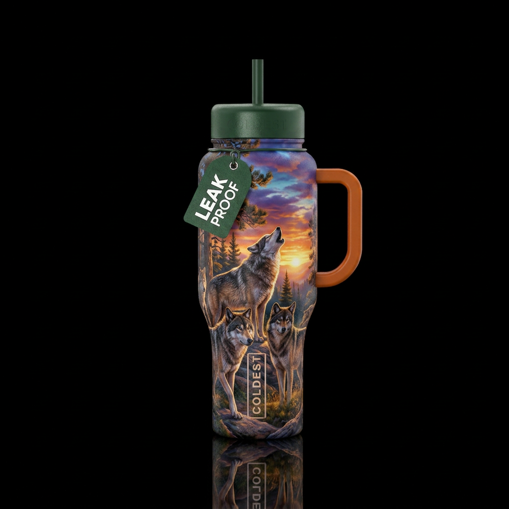 Wild wolves at dawn water bottle design