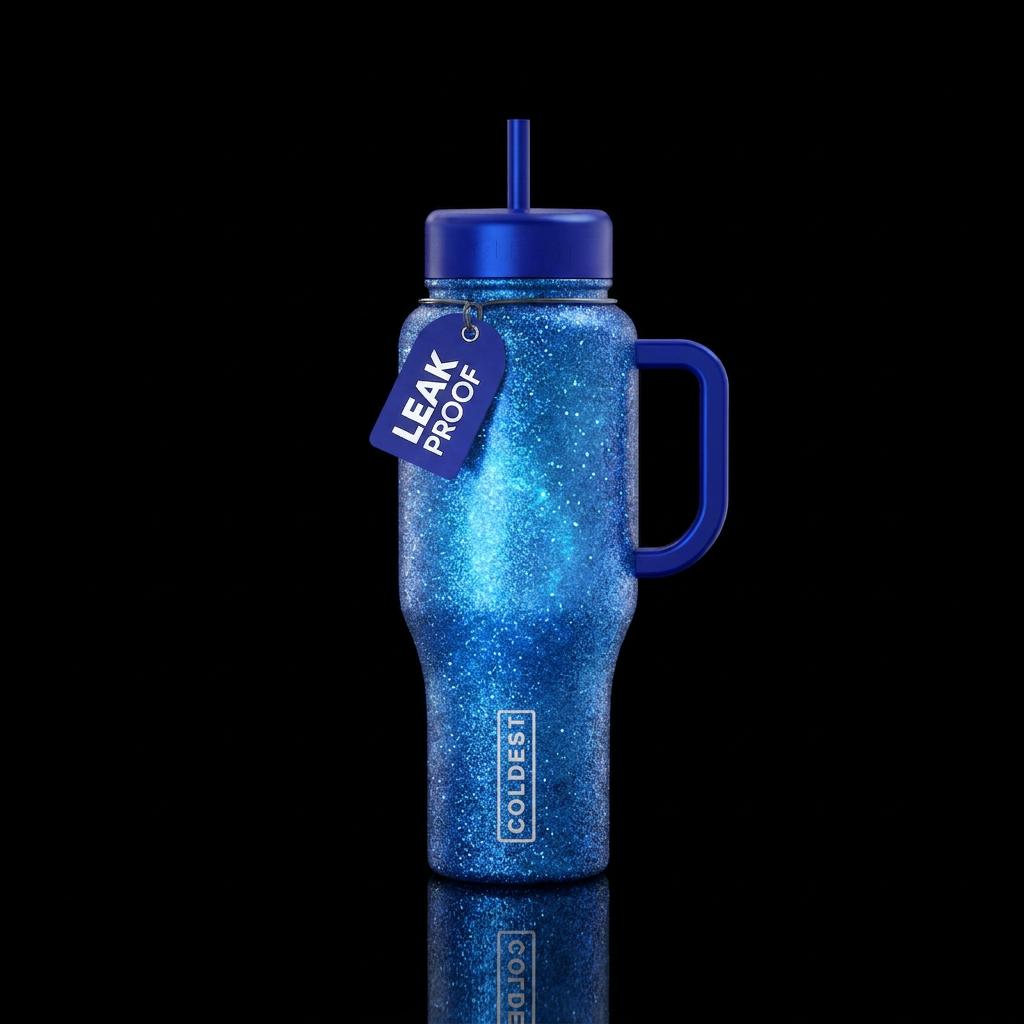 Stardust glitter glowy, blue water bottle design