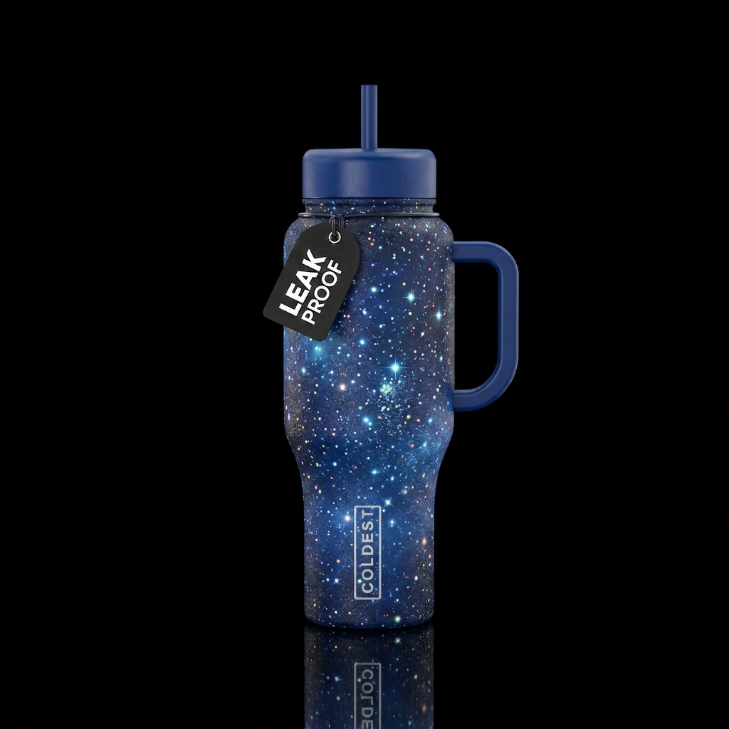 Stardust glitter glowy, blue water bottle design
