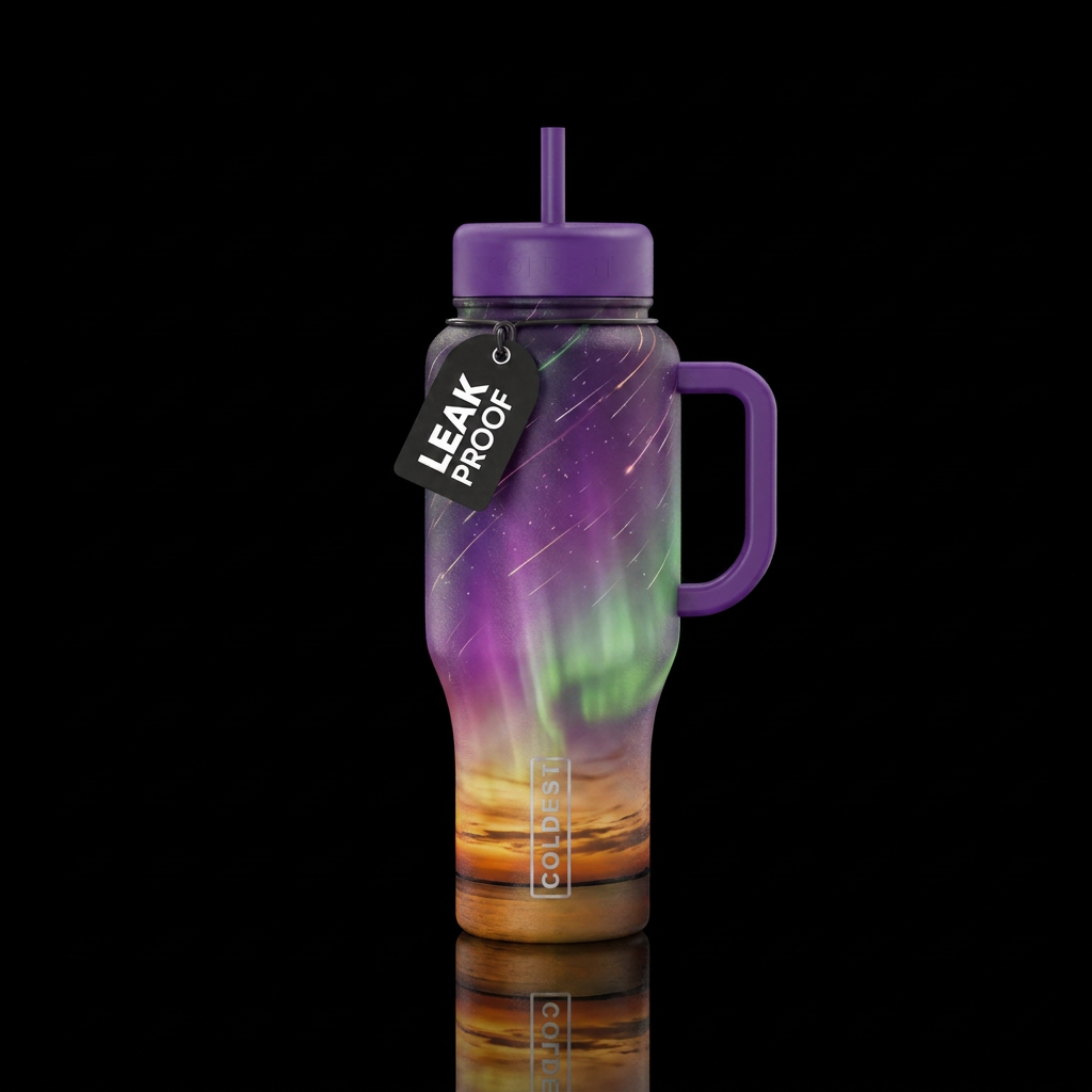 Persaids meteor shower, glowy, Aurora, sunset water bottle design