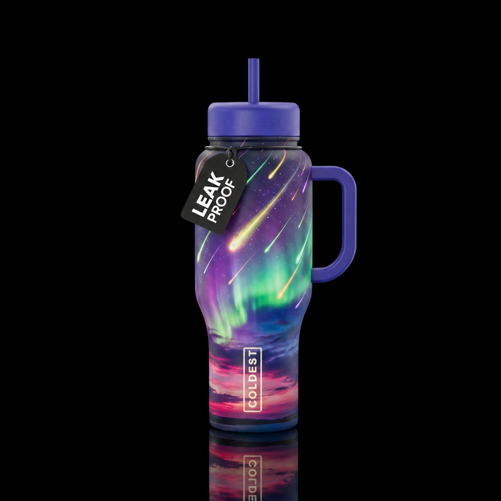 Persaids meteor shower, glowy, Aurora, sunset water bottle design