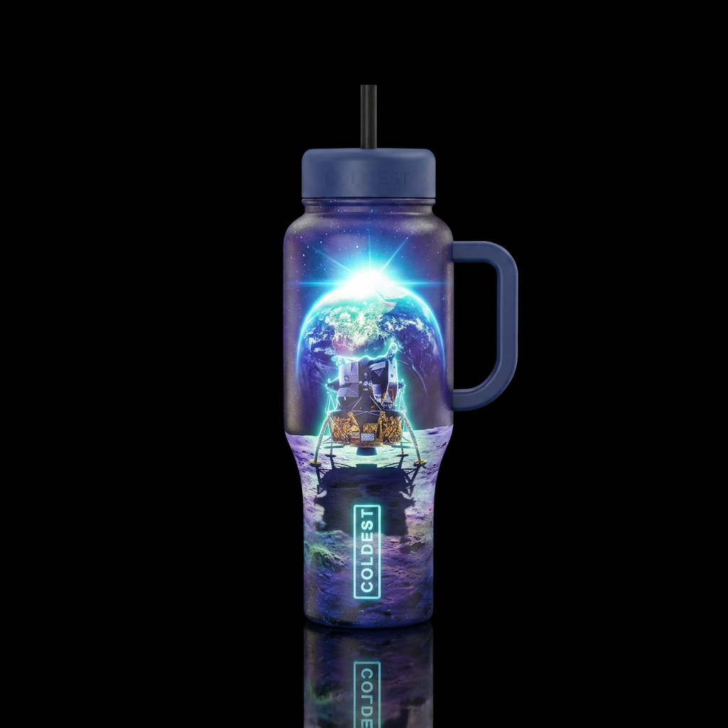 Glowy landing on the moon with earth rise. water bottle design