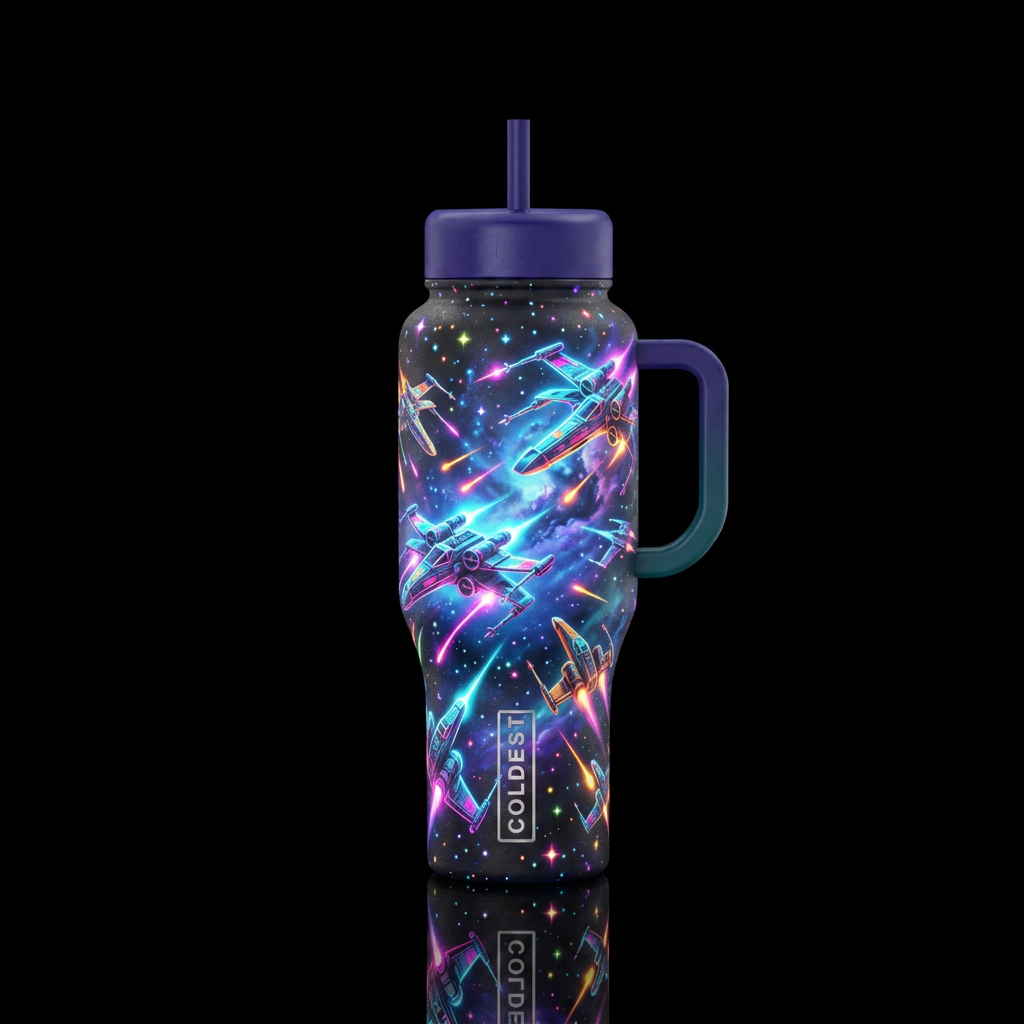 Glowy stars fighters in space battle water bottle design