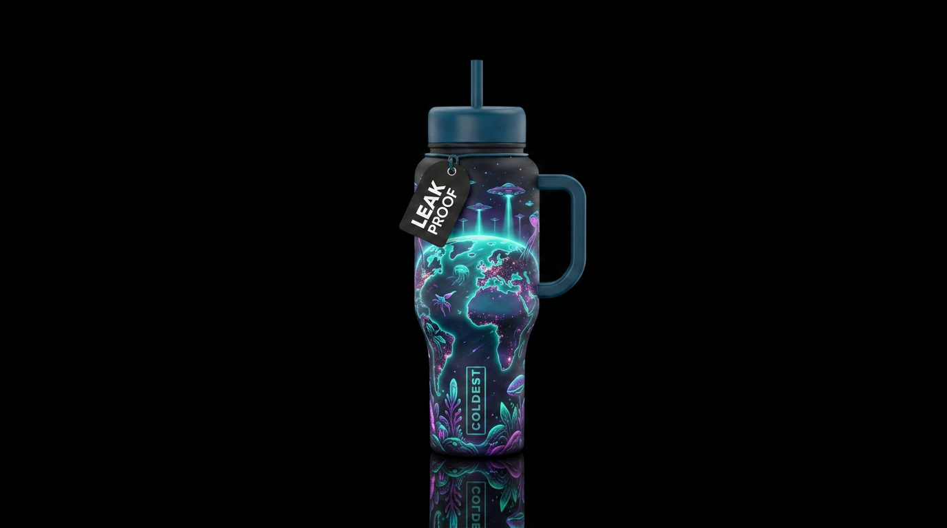 Glowy earth invasion water bottle design