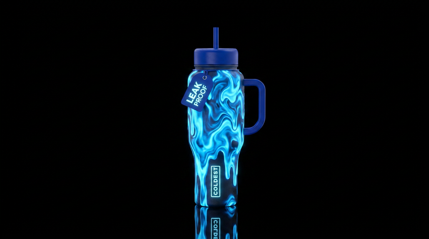 Melting radioactive glowy blue water bottle design