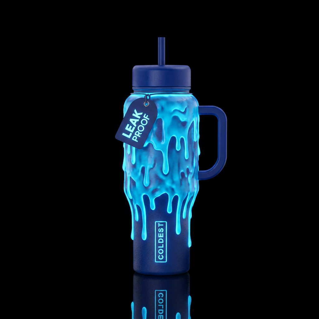Melting radioactive glowy blue water bottle design