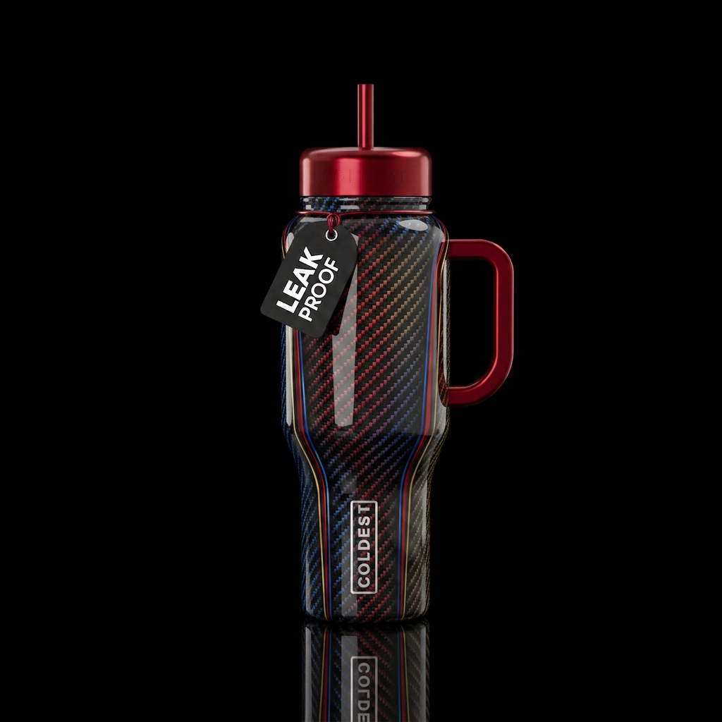 Tumbler has carbon fiber automotive accents water bottle design