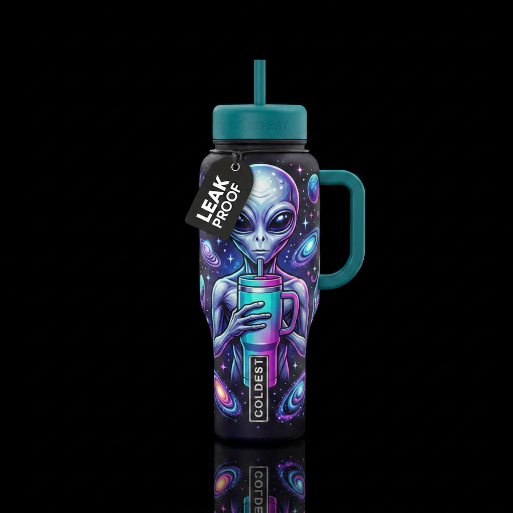 Tumbler has an alien holding a coldest tumbler water bottle design