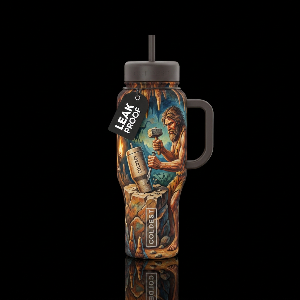 Caveman carving a Coldest tumbler out of stone water bottle design