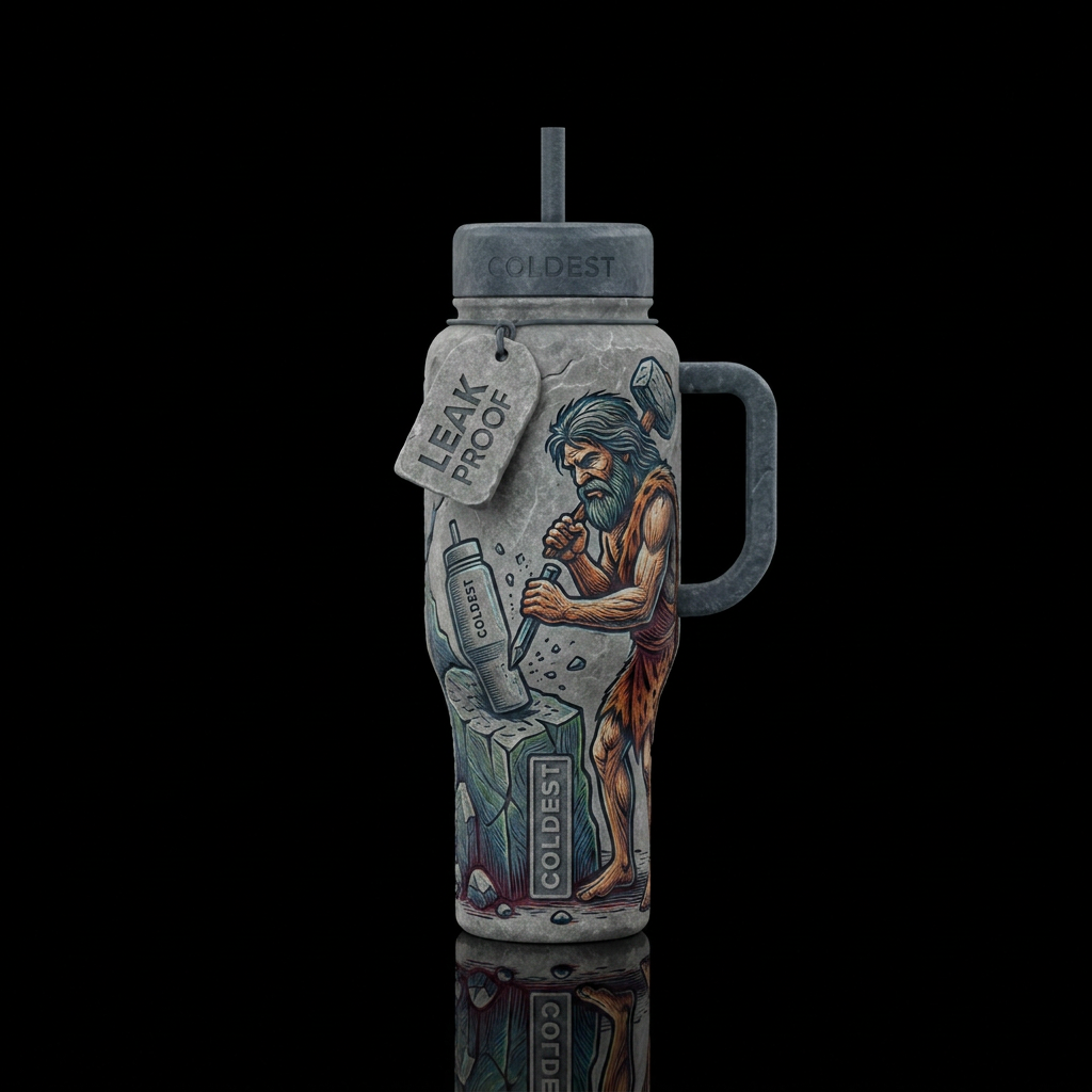 Caveman carving a Coldest tumbler out of stone water bottle design