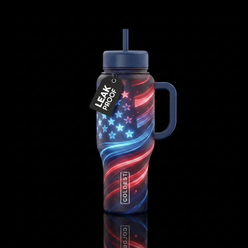 Tumbler inspired by patriotism for the USA, glowy water bottle design