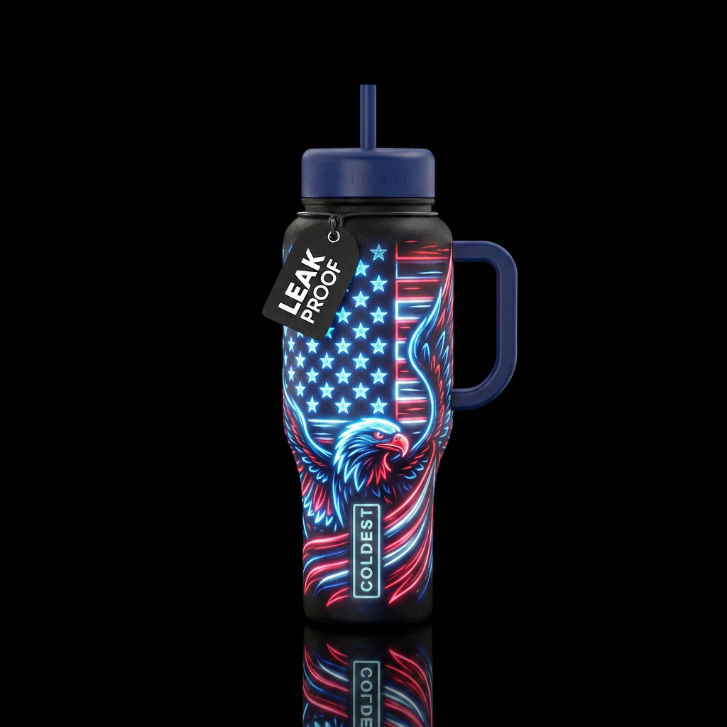 Tumbler inspired by patriotism for the USA, glowy water bottle design