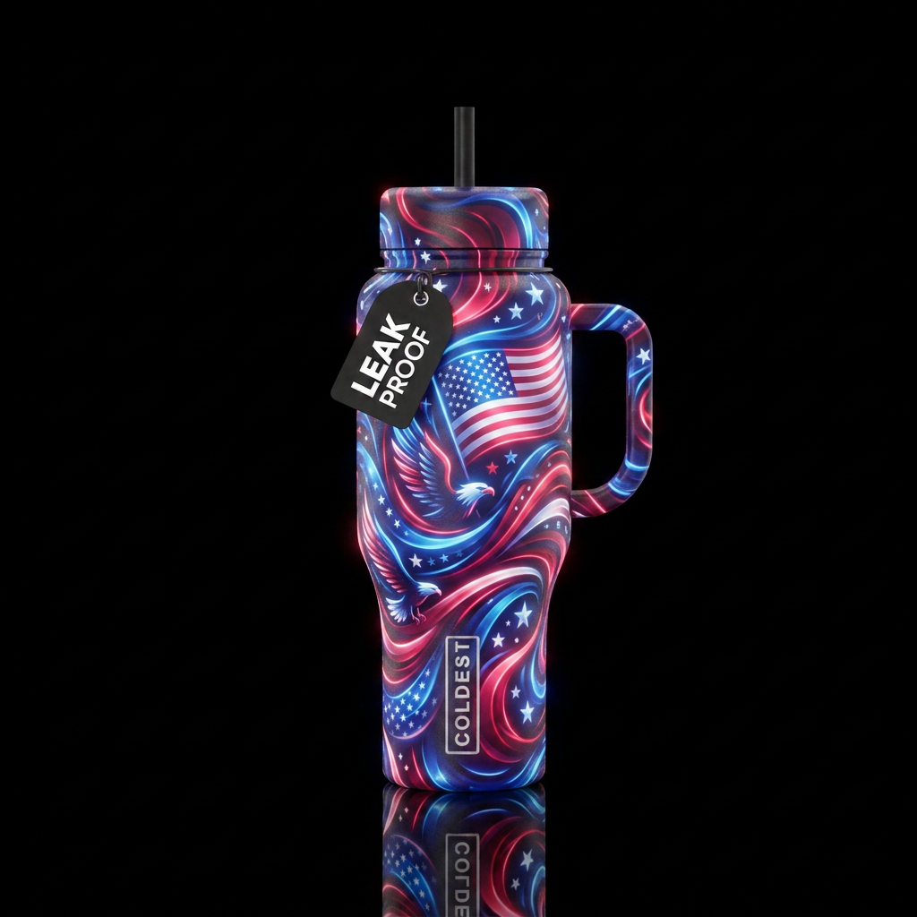 Tumbler inspired by patriotism for the USA, glowy water bottle design