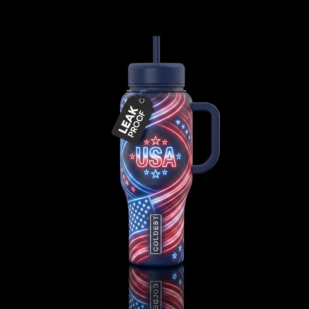 Tumbler inspired by patriotism for the USA, glowy water bottle design