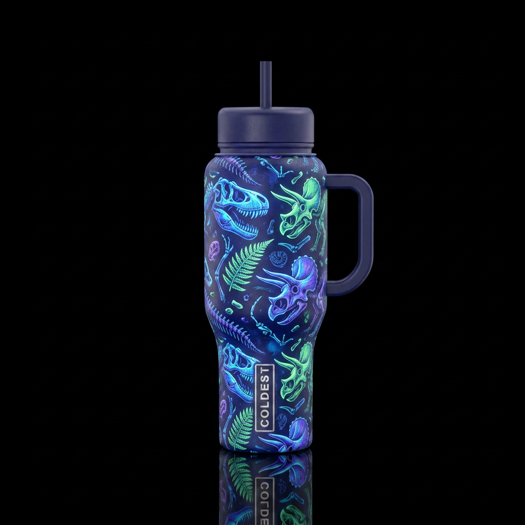 Tumbler inspired by palientology , glowy water bottle design