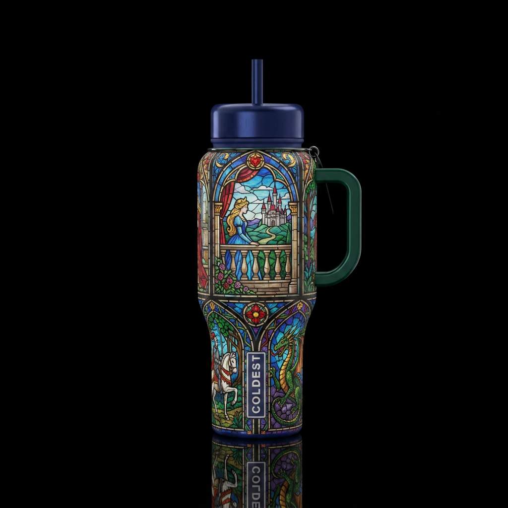 Tumbler inspired fairy tales, stained glass water bottle design