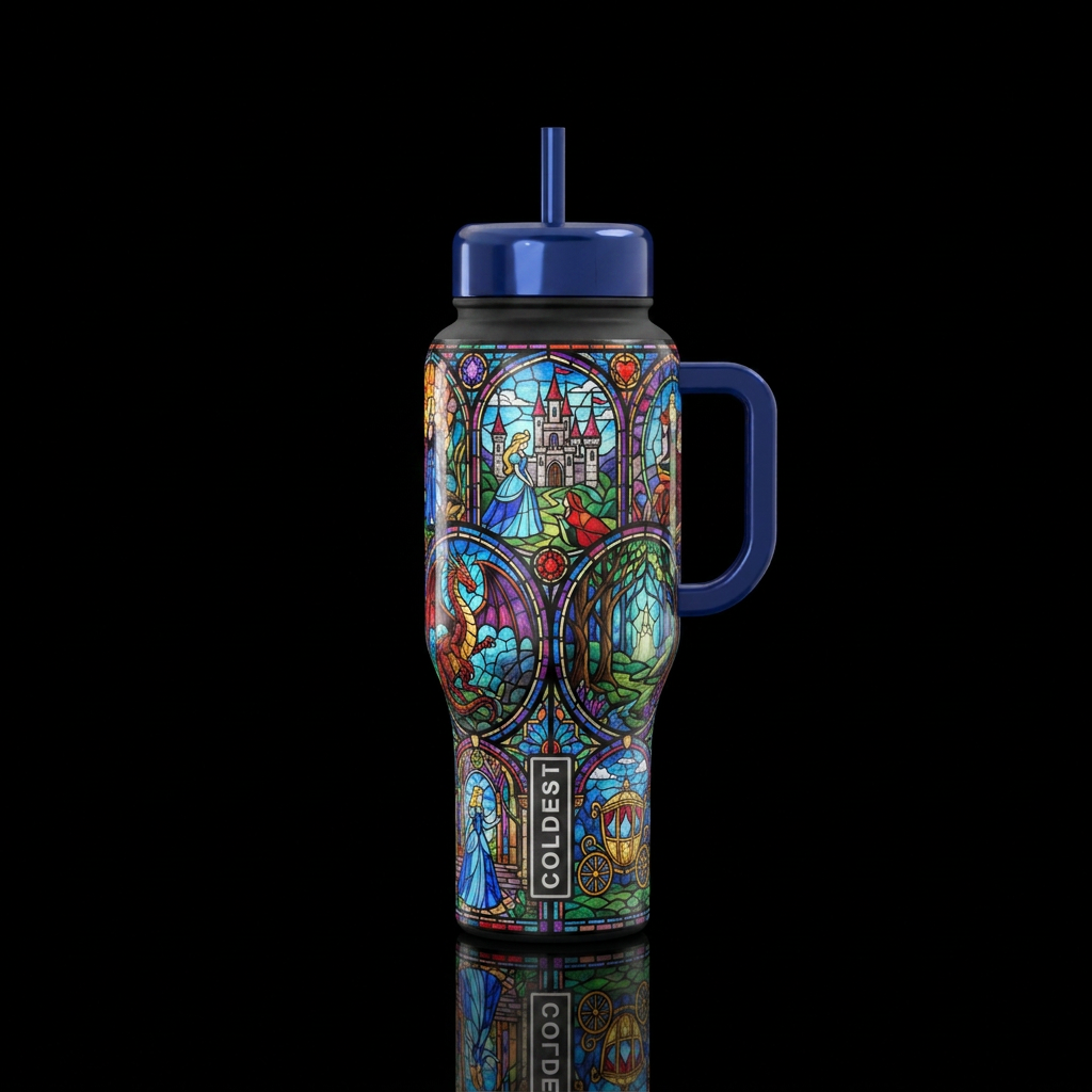Tumbler inspired fairy tales, stained glass water bottle design