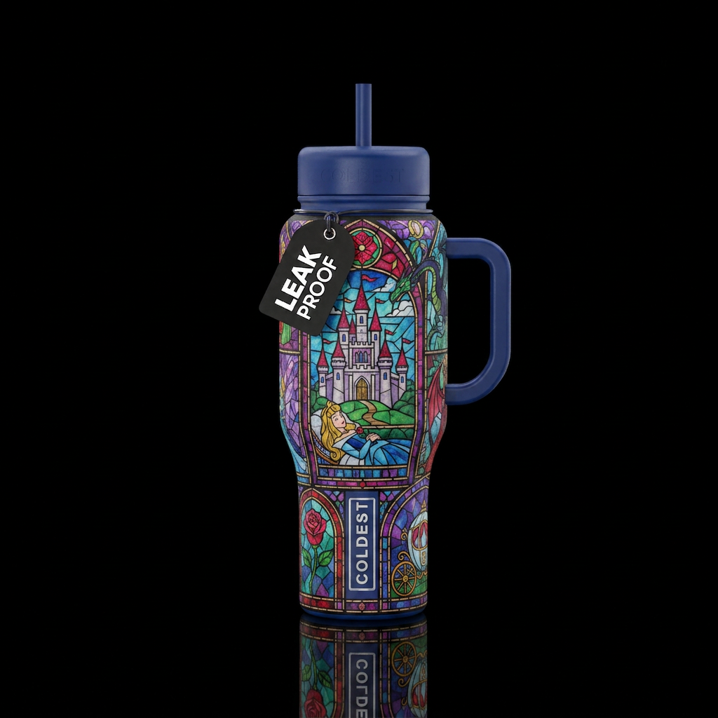 Tumbler inspired fairy tales, stained glass, show ... water bottle design
