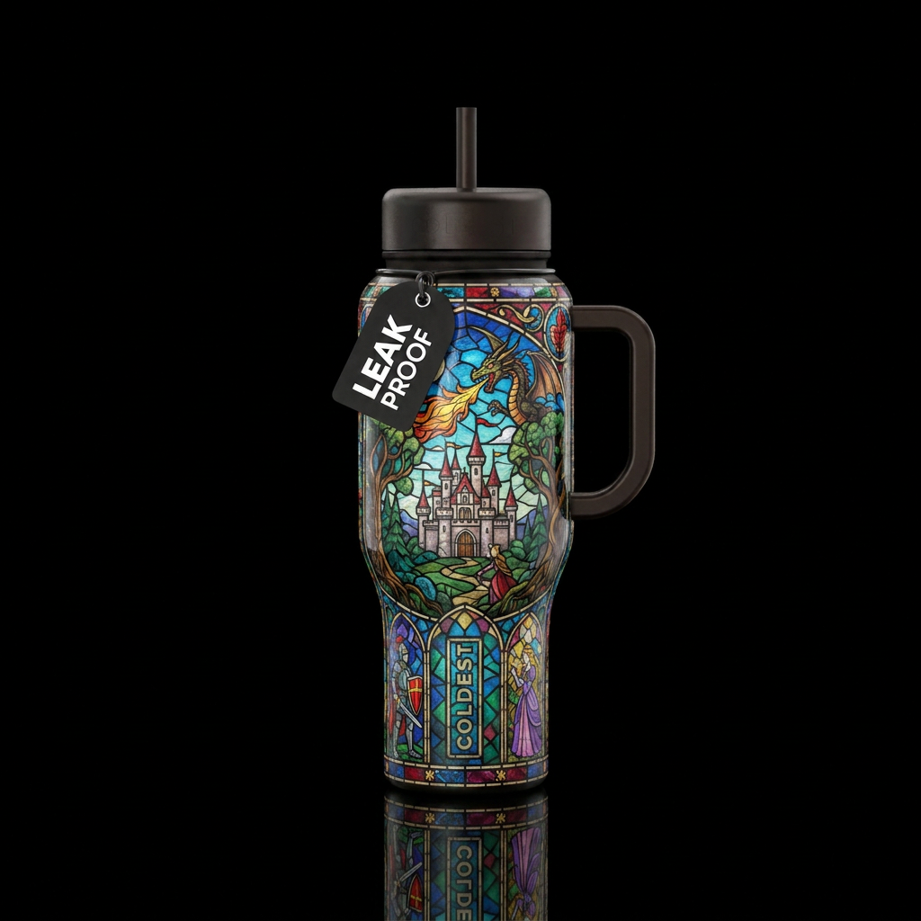 Tumbler inspired fairy tales, stained glass, show ... water bottle design