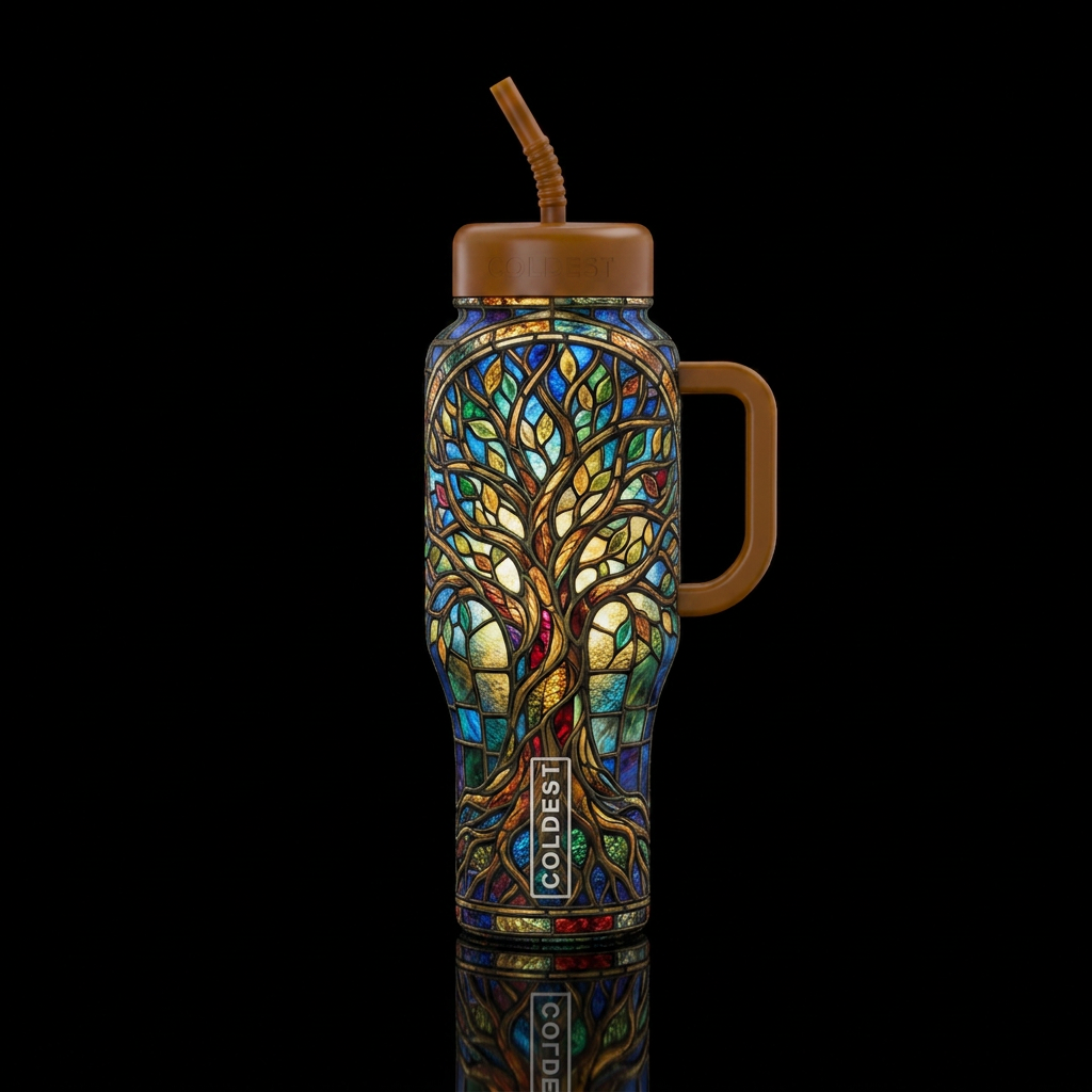 Tumbler inspired by the tree of life, stained glas... water bottle design