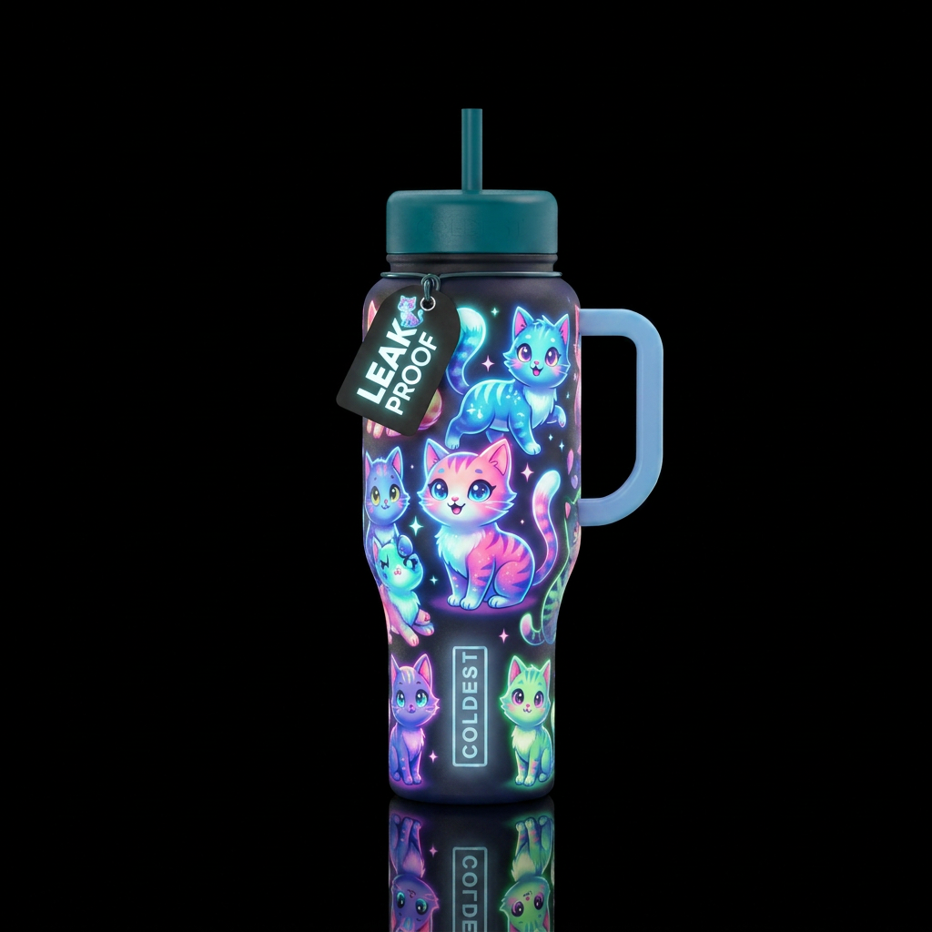 Glowy kittens cartoony water bottle design