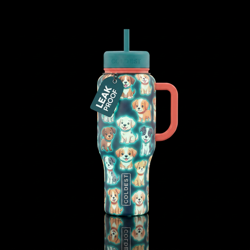 Glowy puppies cartoony water bottle design