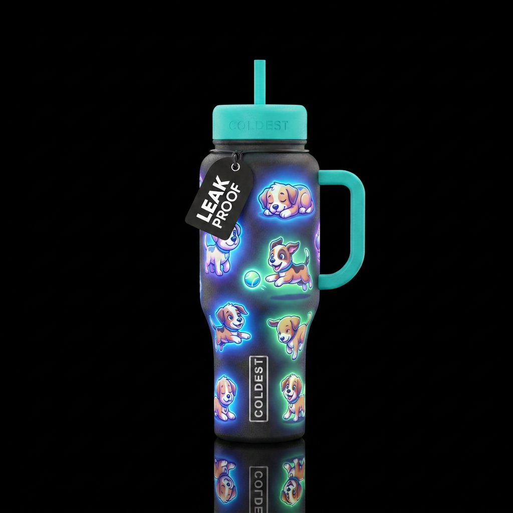 Glowy puppies cartoony water bottle design
