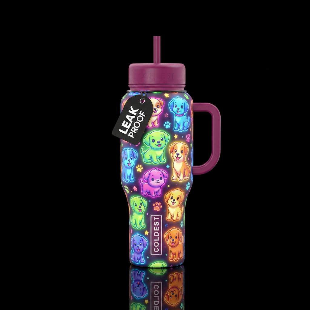 Glowy puppies cartoony water bottle design