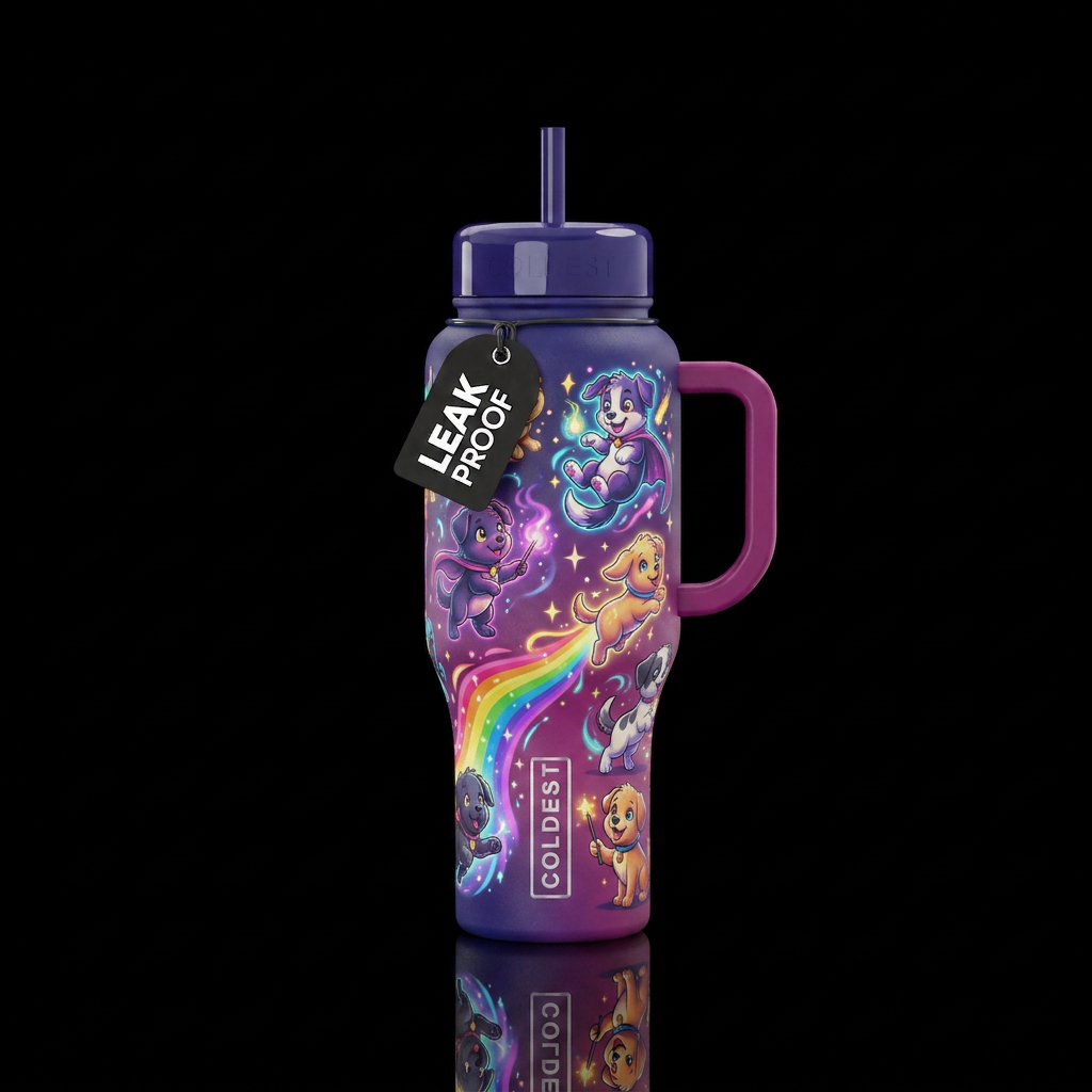 Glowy magical puppies cartoony water bottle design