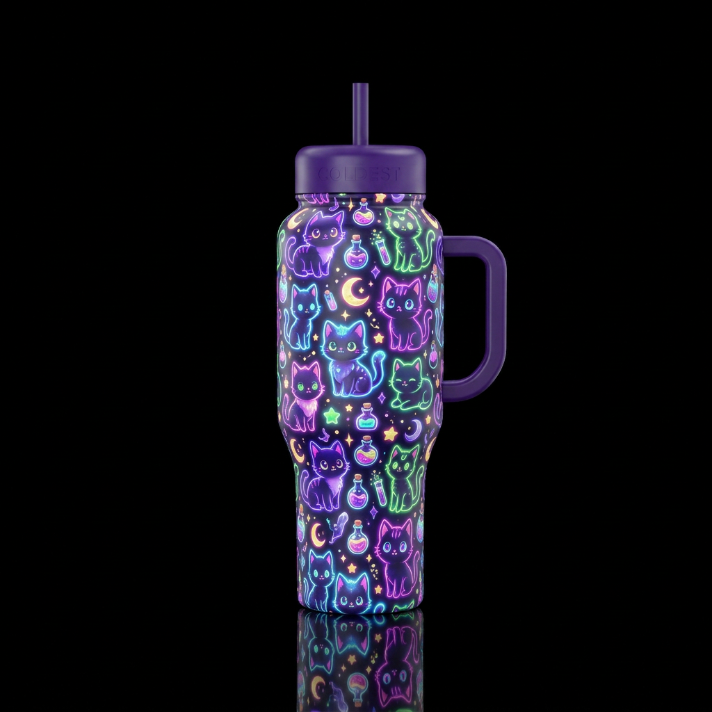 Glowy magical kittens cartoony water bottle design