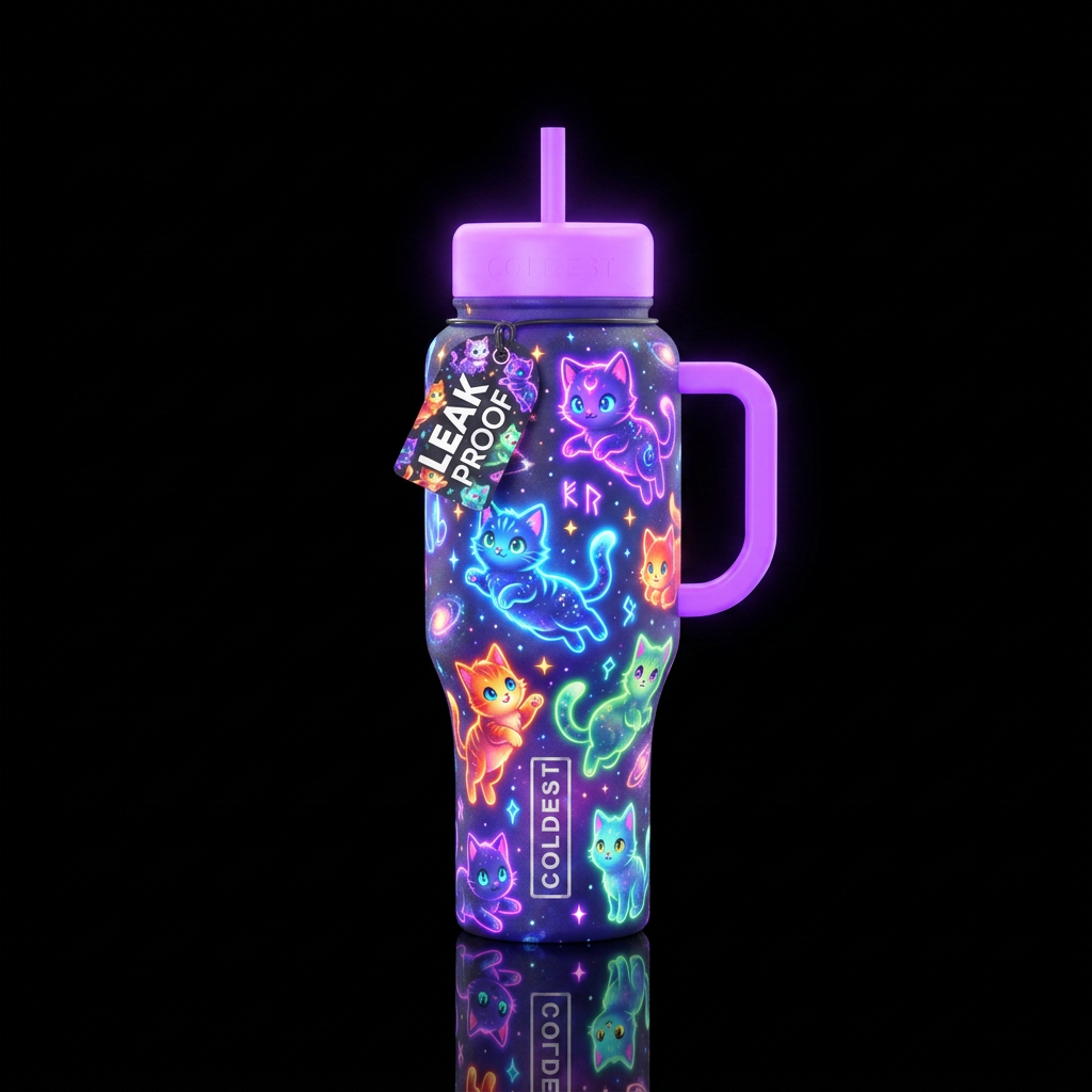 Glowy magical kittens cartoony water bottle design