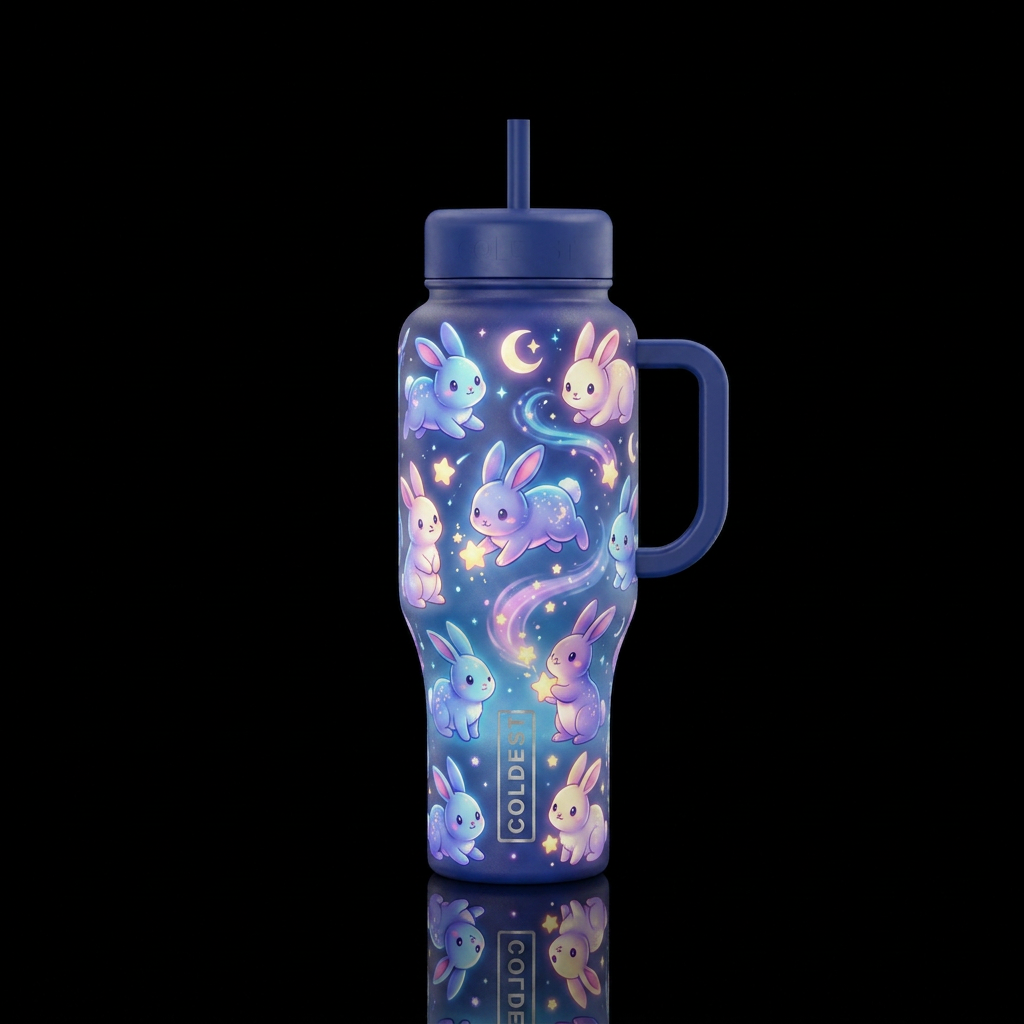 Glowy magical bunnies cartoony water bottle design