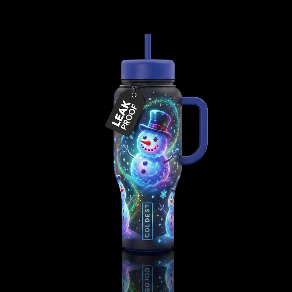 Glowy magical snowmen cartoony water bottle design