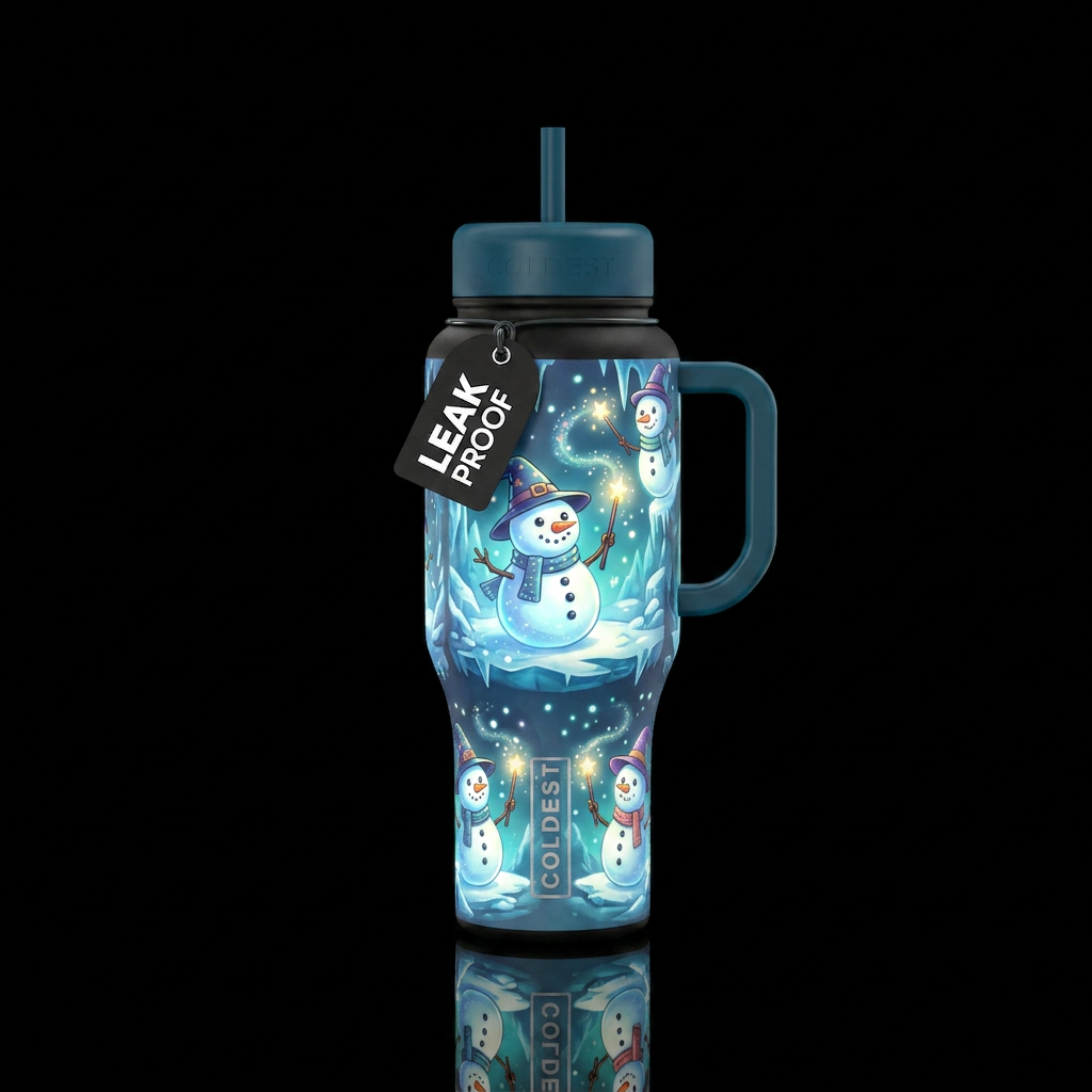 Glowy magical snowmen cartoony water bottle design