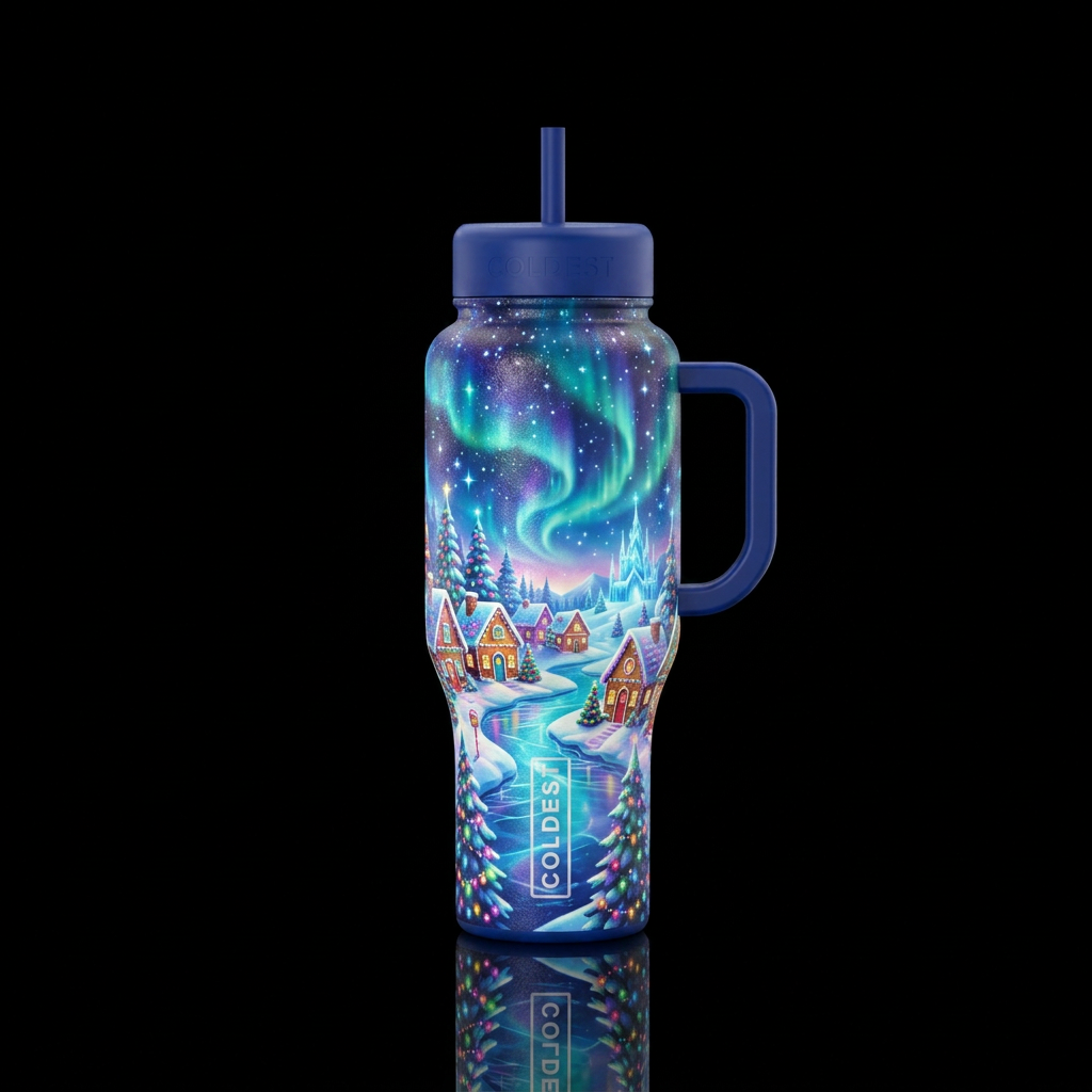 Glowy magical north pole scene water bottle design