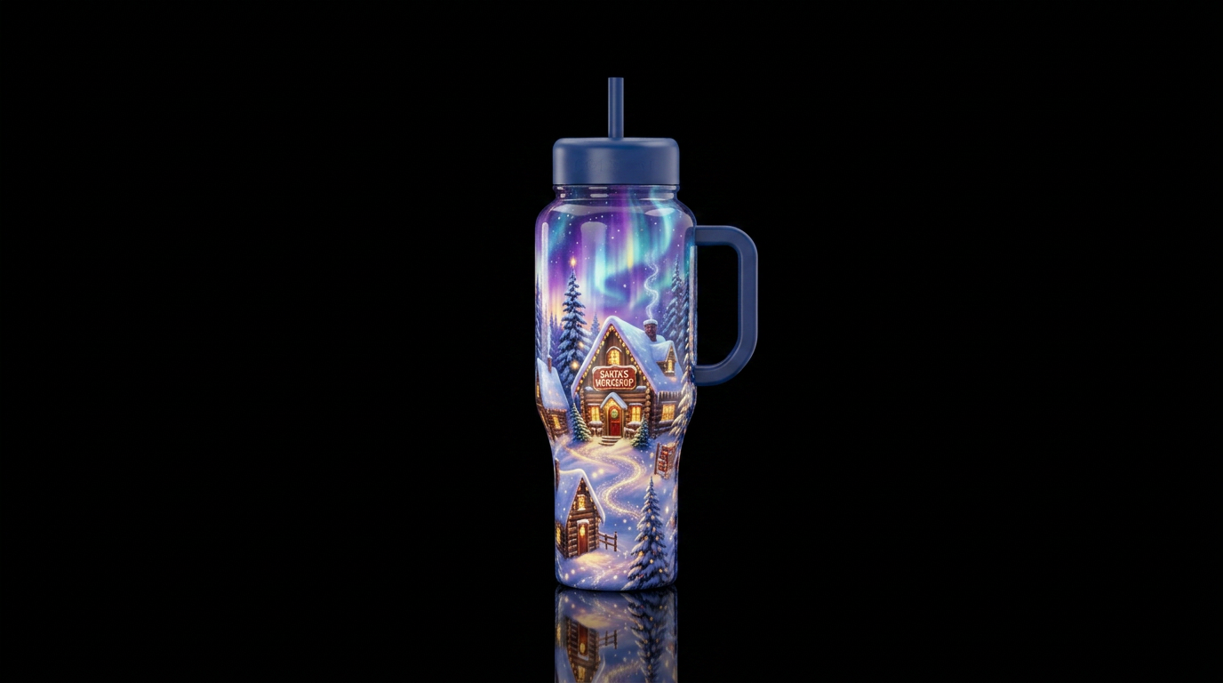Glowy magical north pole scene water bottle design