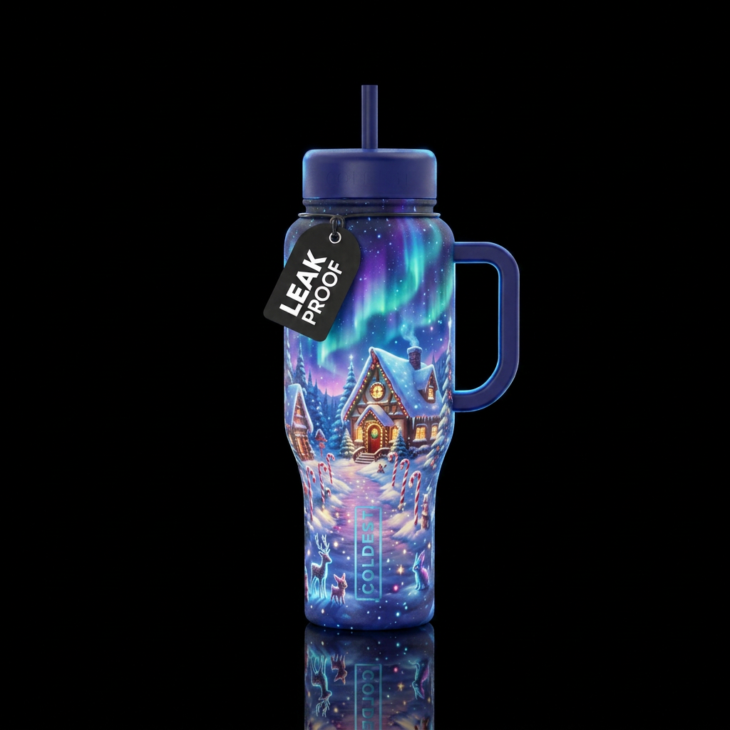 Glowy magical north pole scene water bottle design