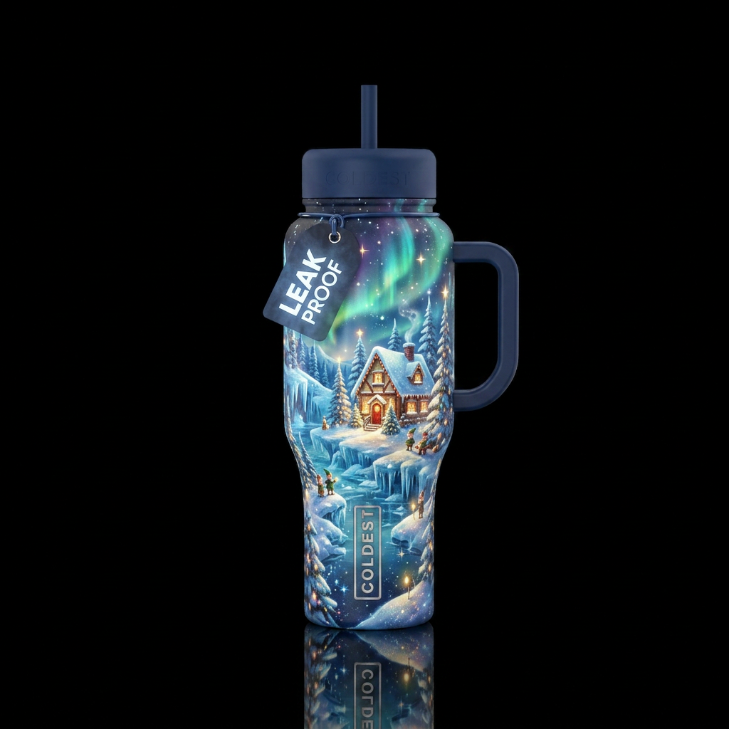 Glowy magical north pole scene water bottle design