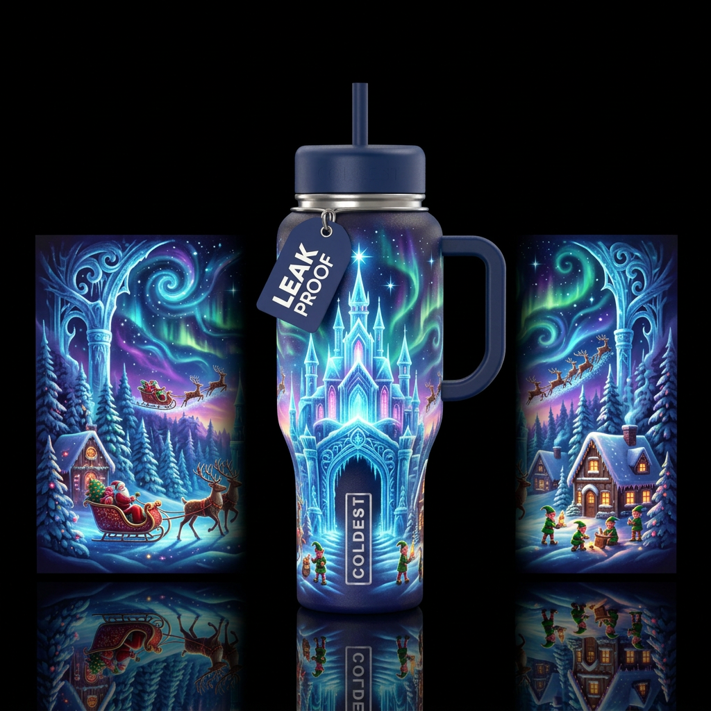 Glowy magical north pole scene water bottle design
