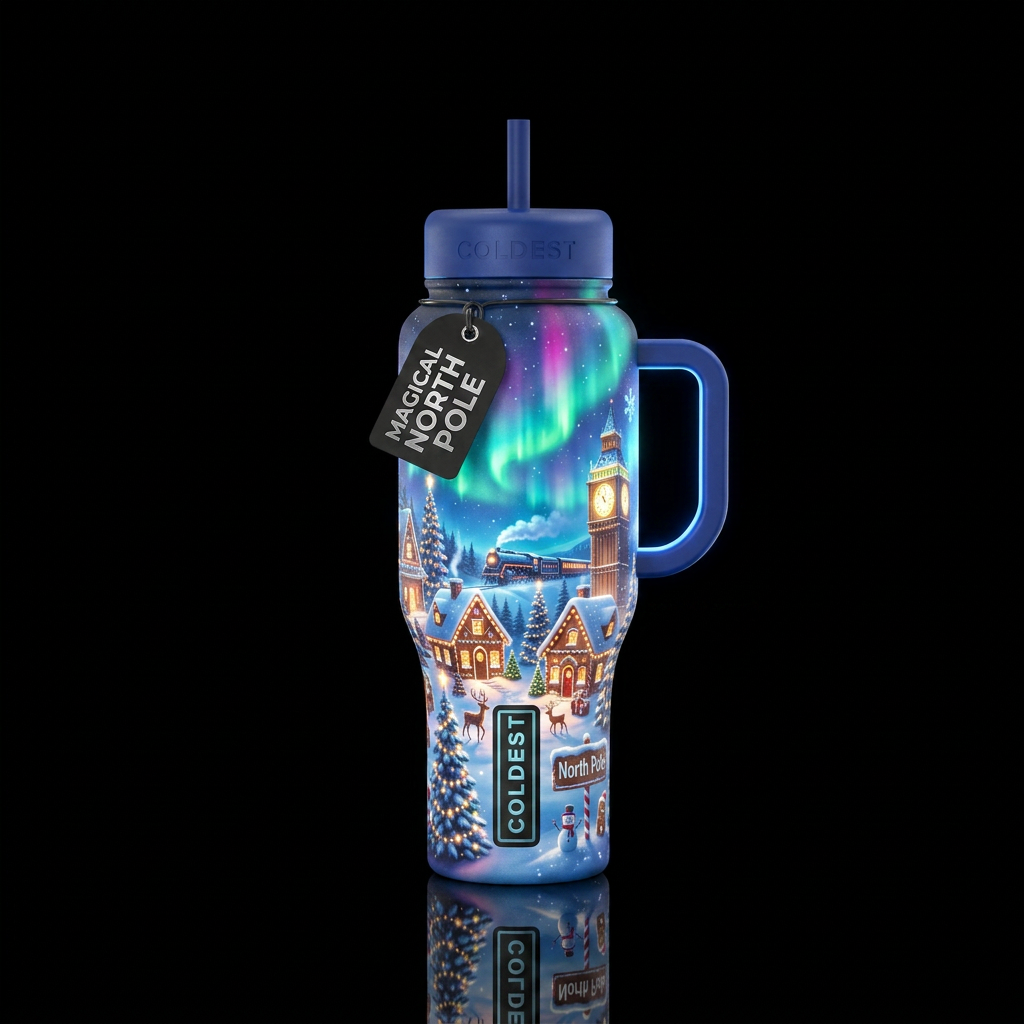 Glowy magical north pole scene water bottle design