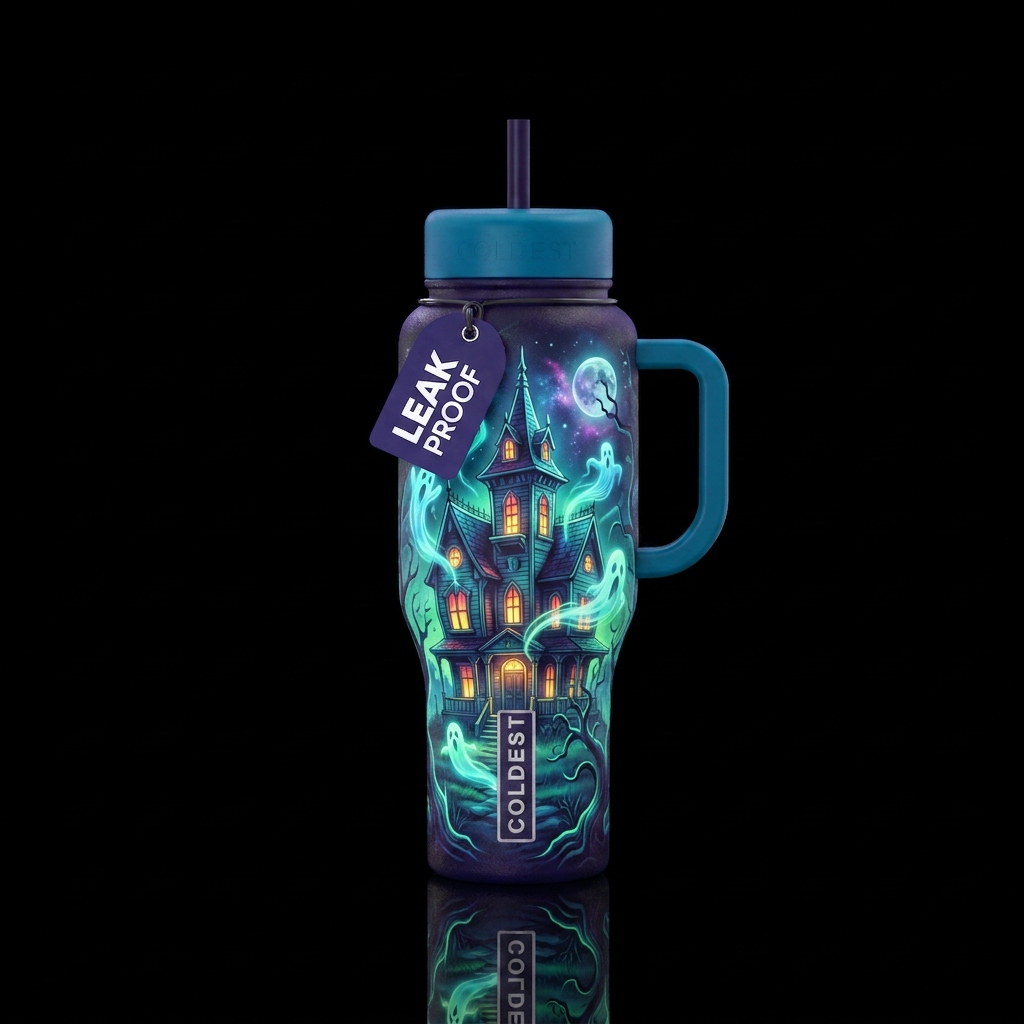 Glowy haunted house with ghosts water bottle design