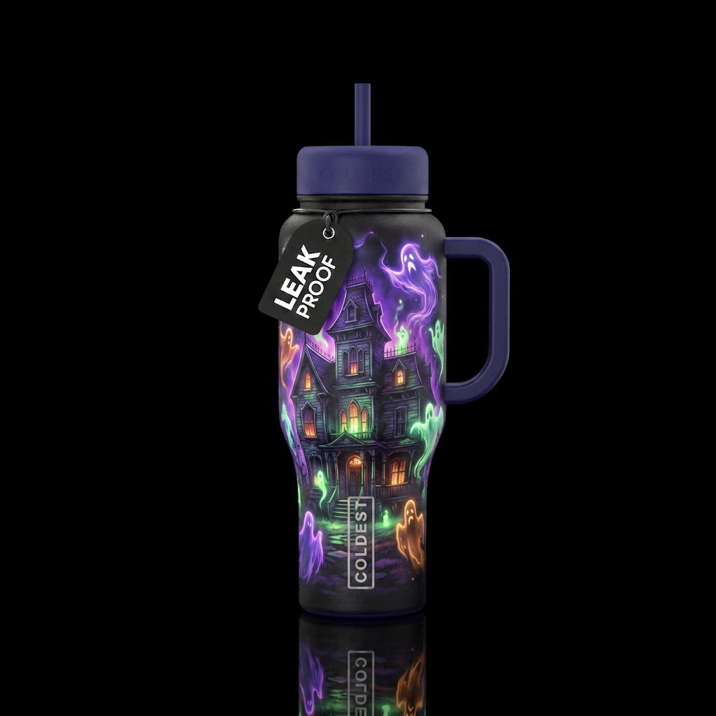 Glowy haunted house with ghosts water bottle design