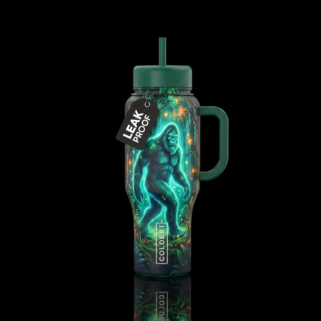 Glowy bigfoot in the forest water bottle design