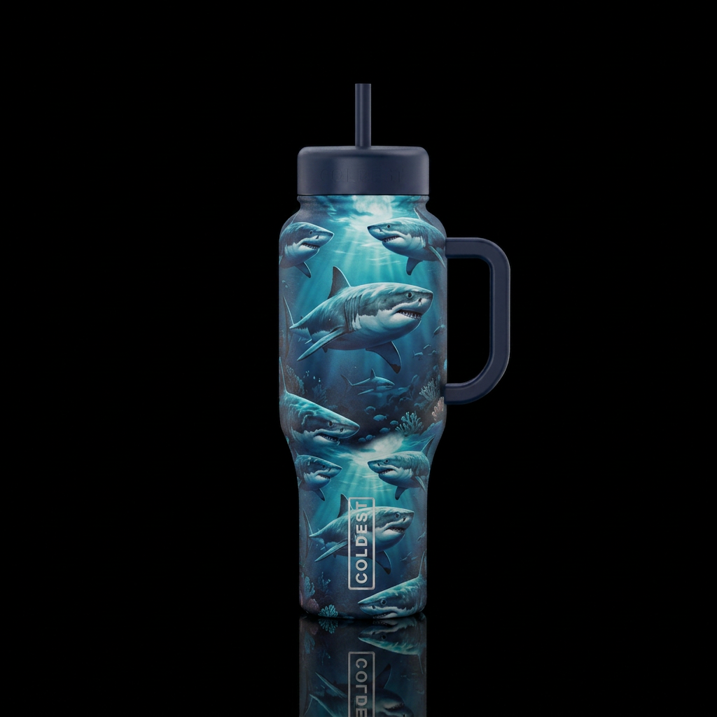 Moonlit great white sharks water bottle design