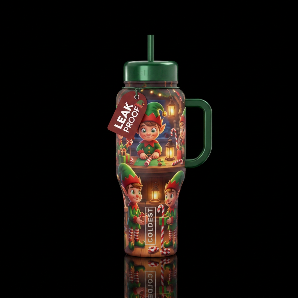 Cartoon christmas elves glowy water bottle design